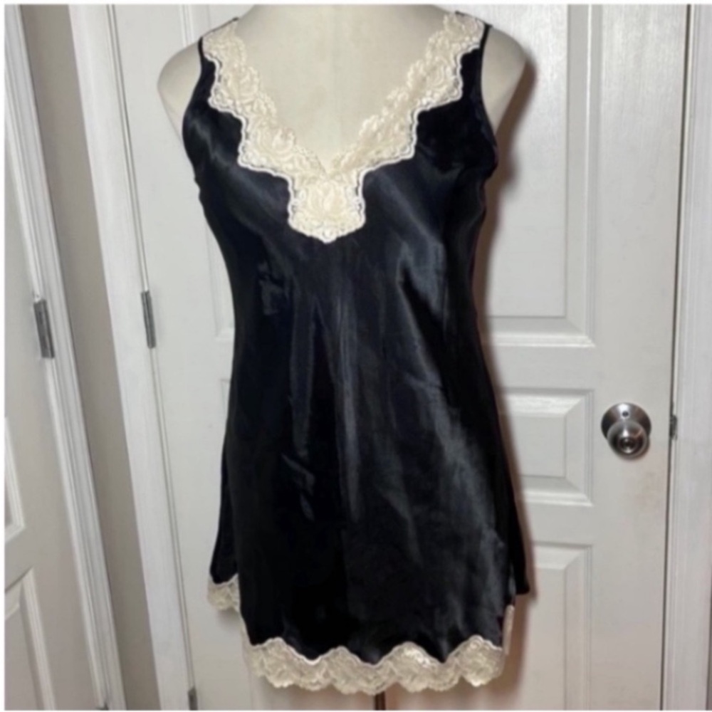 Vintage Inner Most Slip Dress Mini Black Cream Satin Lace V-Neck Dance Party  L - Picture 10 of 17